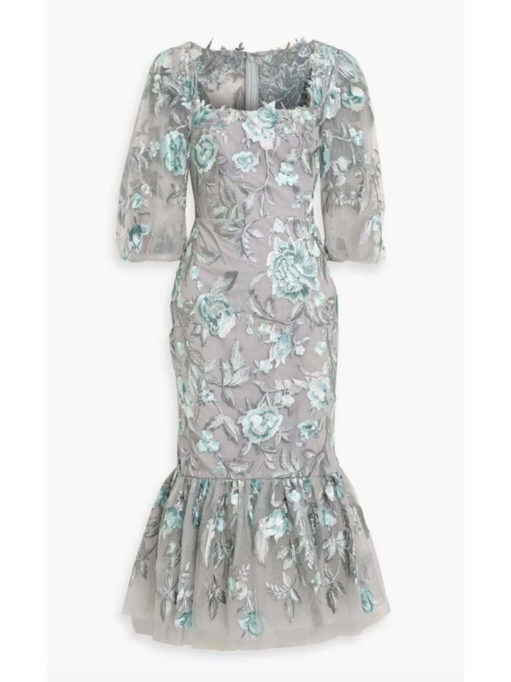 Marchesa Notte $795 Embroidered Floral Tulle Midi Dress Size 4 Light Gray
